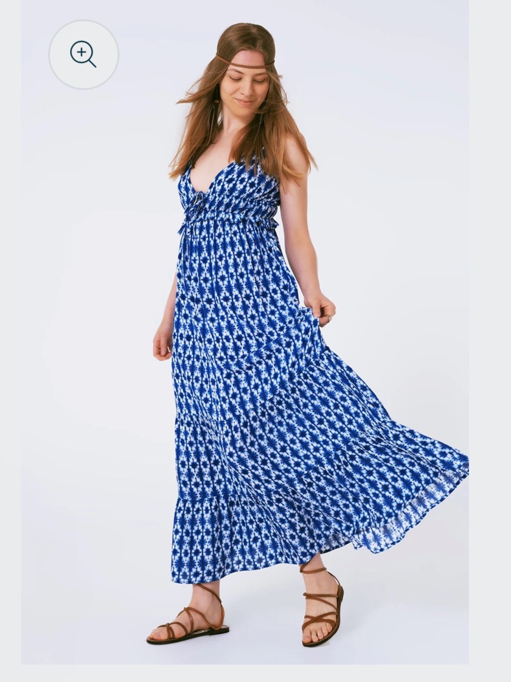 Blue Printed Maxi Sundress with Tie Waist